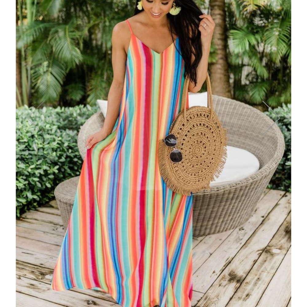 Pink Lily Sunset Getaway Rainbow Striped MaxiDress